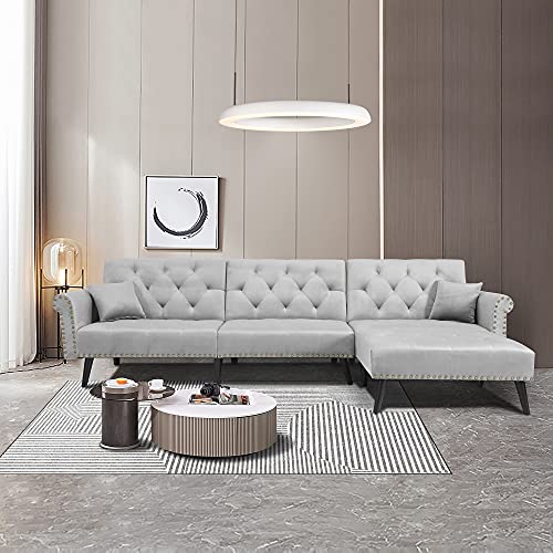 Homefine Convertible Futon Bed, 115”L Sectional Velvet Sleeper Sofa Couch with Reversible Chaise and 2 Pillows for Living Room and Small Space-Light Grey