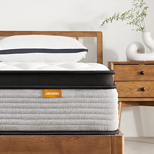 Queen Mattress, Jingwei 10 Inch Innerspring Hybrid Mattress in a Box, Individually Pocket Coils for Motion Isolation & Cooler Sleep, Queen Bed with Breathable Cover, Medium Firm, Queen Size Mattress