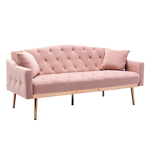 Accent Couch,Velvet Futon Sofa Bed,Sleeper Sofa Couch with 2 Pillows,Tufted Loveseat Sofa with 5 Golden Metal Legs Mid Century Modern Sofas for Home Living Room Bedroom(Pink)