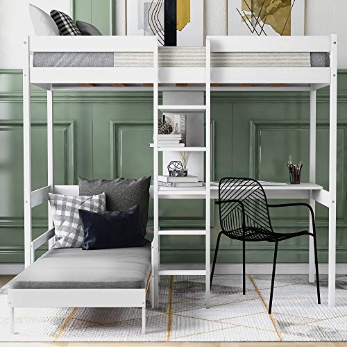 Twin Loft Bed, Wood Loft Bed with L-Shape Desk, Twin Size Bunk Bed with Storage Shelves and Ladder for Boys, Girls, Teens (White)