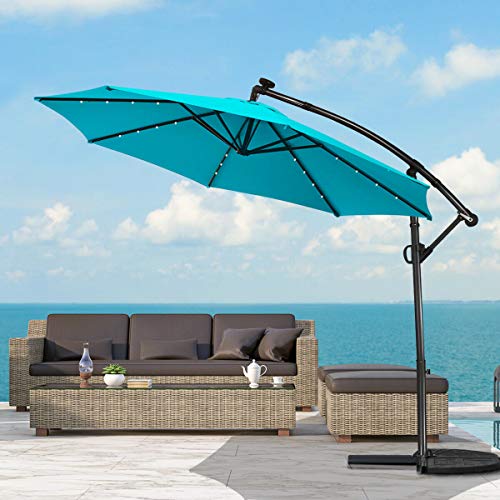 10FT Home Patio Offset Umbrella w/Solar Powered LED 360° Rotation Aluminum Turquoise