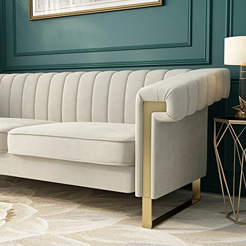 Modern Velvet Chesterfield Sofa Vertical Channel, Classic Velvet Tufted Upholstery Futon Sectional Sofa Counch with Scroll Arms& Stainless Steel Feet for Livingroom Guest Room, Beige
