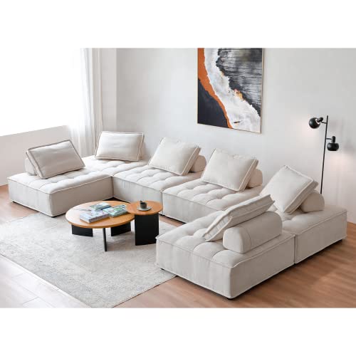 Acanva Square Modular Sectional Sofa, Modern Floor Single Chair with Two Removable Back Cushions, 1PCS, Beige