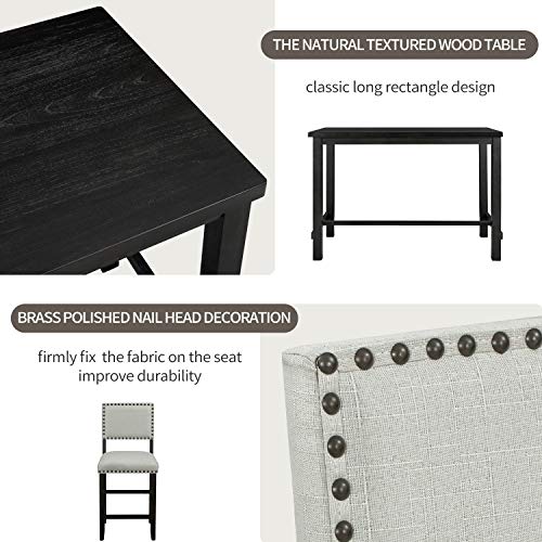 5-Piece Counter Height Dining Set, Wooden Dining Room Table and 4 High-Back Beige Dining Chairs with Footrest