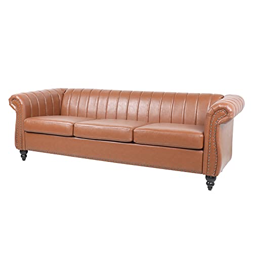 Chesterfield PU Leather Sofa Couch, Living Room Rolled Arm Three Seater Sofa