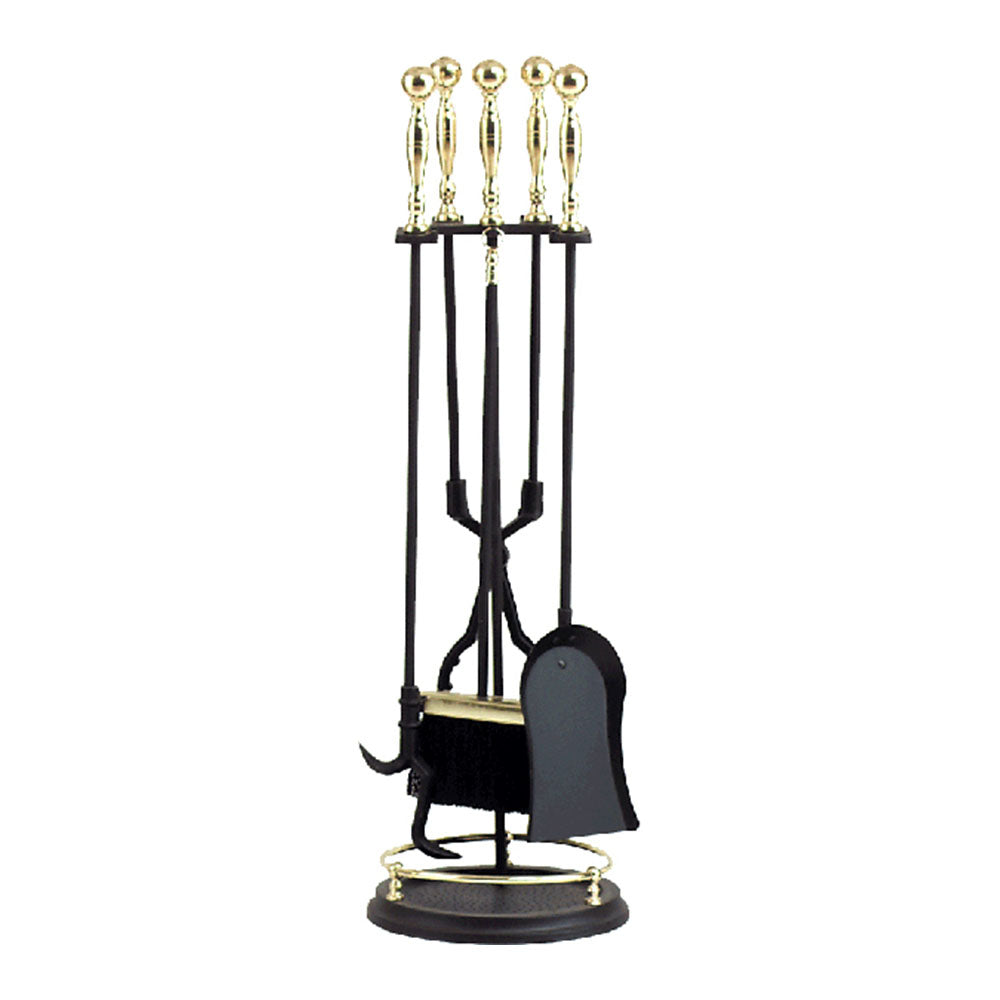 Dagan 5-Piece Polished Brass/Black Fireset With Rail