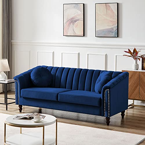 WARMSUN Modern Velvet Upholstered Sofa Couch Solid Wood & Velvet Upholstered 3 Seats Sofa Modern Design Sleeper Sofa for Living Room (Blue)