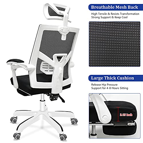 Ergonomic Office Chair, 155° Reclining High Back Mesh Office Chair with Footrest, Large Seat & Linkage Armrest, Adjustable Swivel Computer Desk Chair, White