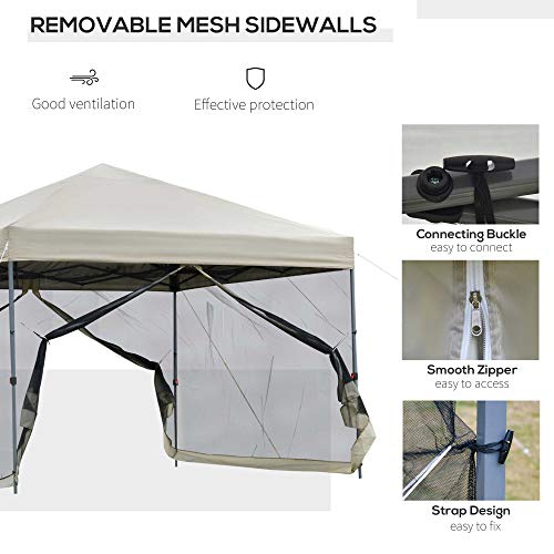 Outsunny 10' x 10' Pop Up Canopy Party Tent with Center Lift Hook Design, 3-Level Adjustable Height, Easy Move Roller Bag, Beige