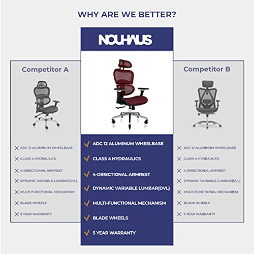 NOUHAUS Ergo3D Ergonomic Office Chair - Rolling Desk Chair with 4D Adjustable Armrest, 3D Lumbar Support and Blade Wheels - Mesh Computer Chair, Gaming Chairs, Executive Swivel Chair (Burgundy)