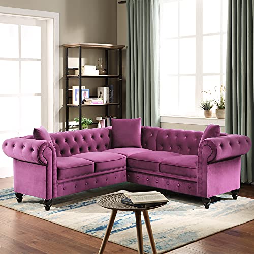 L-Shaped Sectional Sofa Set, Tufted Velvet Upholstered Rolled Arm Classic Chesterfield 5 Seater Sofa Couch for Living Room/Office, 3 Pillows Included (Purple)