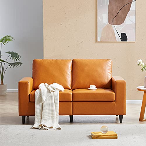 MeiBoAll Loveseat Sofa with PU Leather Upholstered Square Shape Minimalist, Modern Style Couch Furniture for Home Office Small Compact Space (Loveseat), Orange