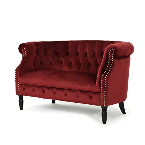 Melaina Tufted Chesterfield Velvet Loveseat with Scrolled Arms, Garnet and Dark Brown