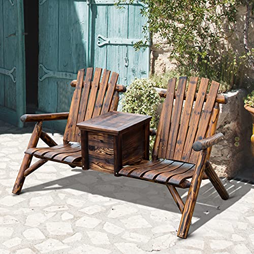 Outsunny Wooden Double Adirondack Chair Loveseat with Inset Ice Bucket, Rustic Aesethic, & Weather-Resistant Materials