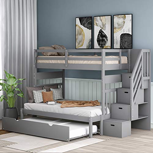 Harper & Bright Designs Stairway Twin Over Twin/Full Bunk Bed with Twin Size Trundle and Drawers, Solid Wood Bunk Bed Staircase Can be Placed on The Left or Right Side (Grey)
