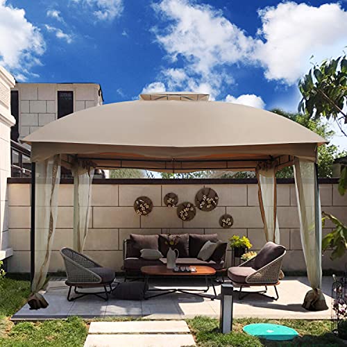 DikaSun Gazebo for Patio 10'X13', Soft Top Dual Roof Gazebo with Mosquito Netting Curtains, Heavy Duty Outdoor Shade Gazebo Canopy Tent with 130 Feet of Shade Adjustable Top Corner Tubes, Sand