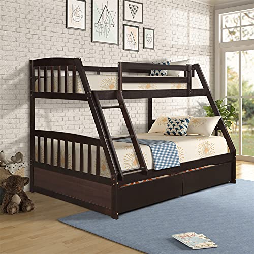 Twin-Over-Full Bunk Bed, Solid Wood Bed Frame with Ladders and Storage Drawers, Espresso