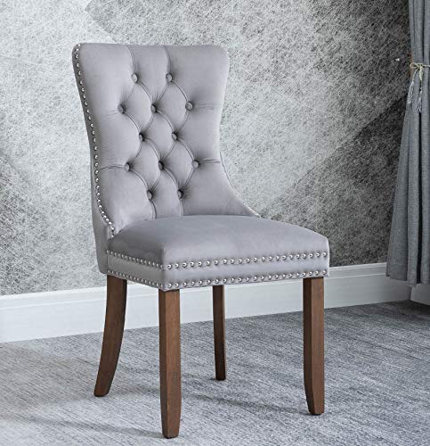 Rhomtree Set of 2 Velvet Fabric Dining Chairs Luxury Tufted Back with Nailed Trim and Back Ring Pull Home Kitchen Dining Room Chairs Armless Accent Side Chairs Solid Rubber Wood Legs, Set of 2 (Grey)