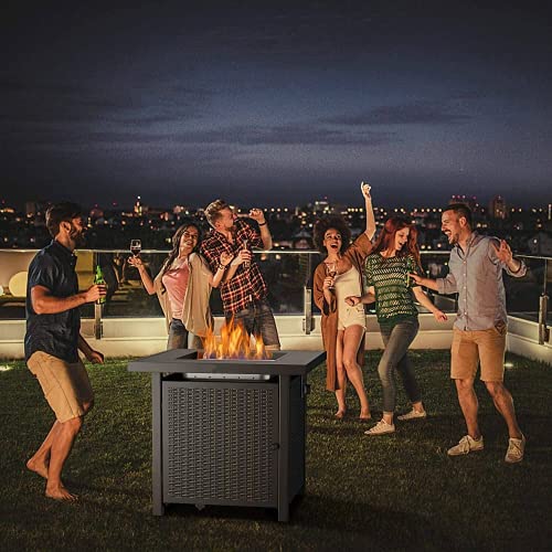Propane Fire Pit,Outdoor Companion,28 Inch 50,000 BTU Auto-Ignition Gas Fire Pit Table with lid, ETL Certification and Strong Striped Steel Surface, Table in Summer, Pit in Winter