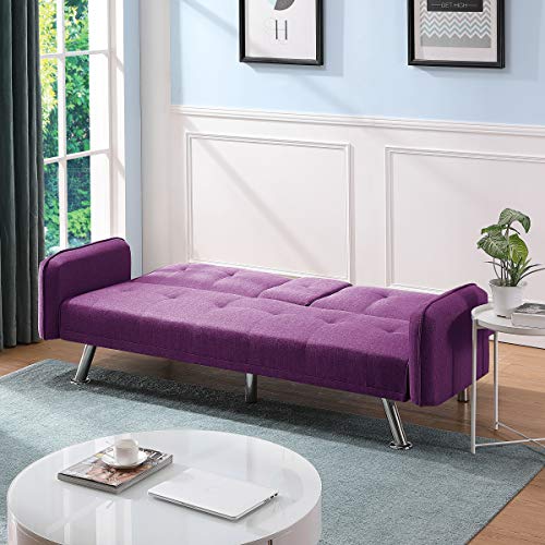 K.Nice 74' Polyester Fabric Sofa Bed Modern Couch with 2 Cup Holders Sleeper Reversible Loveseat 3 Adjustable Angles and Removable Armrests Convertible Daybed (Purple) (RE003)