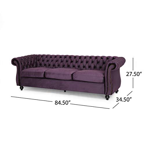 Vita Chesterfield Tufted Jewel Toned Velvet Sofa with Scroll Arms, BlackBerry