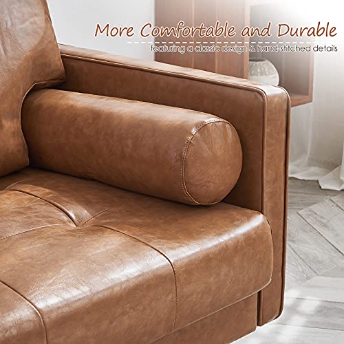 Vonanda Faux Leather Sofa Couch, Mid-Century 73 Inch 3 Seater Leather Couch with Hand-Stitched Comfort Cushion and Bolster Pillows for Living Room, Cognac Tan