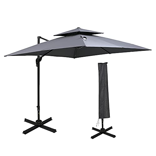 Outsunny 10' 2-Tier Canopy Cantilever Patio Umbrella with Rotating Base & 5-Position Tilt, Grey