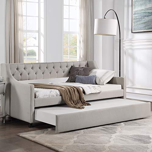 Daybed with A Trundle, Upholstered Tufted Trundle Bed Sofa Bed, Twin Size Upholstered Daybed with Backrest, No Spring Box Needed, Light Grey