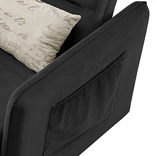 2-in-1 Design Pull Out Sofa Bed with 2 Pillows Adjustable Backrest, Modern Multi-Function Velvet Couch Bed Loveseat with 2 Big Side Pocket for Living Room Office Apartment (Black-1)