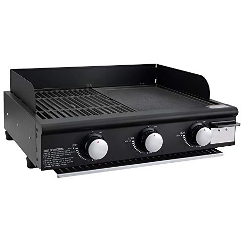 RecPro RV Side-by-Side Griddle and Grill | 3-Burner Propane Gas Cooktop | Flat-Top Grill and Grates | RV Grill