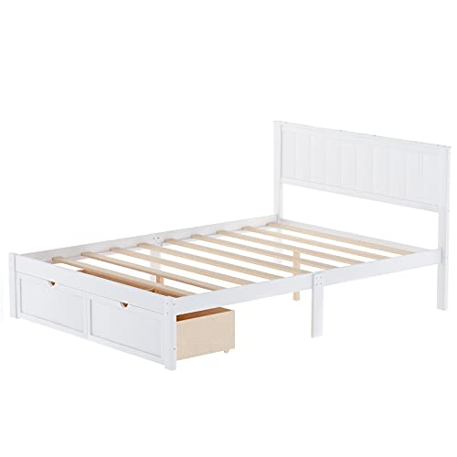 Full Bed with Drawers ,Wood Bed Frame with Storage , Wooden Platform Bed with Headboard for Kids Boys, Girls, Kids, Young Teens and Adults, White