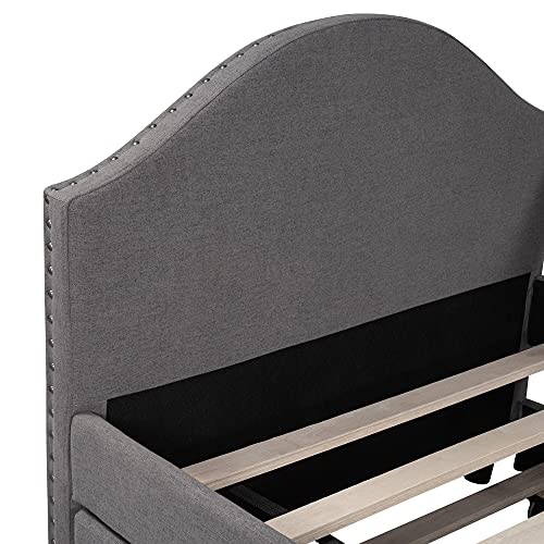 Twin Size Upholstered Daybed with Twin Size Trundle, Upholstered Daybed Sofa Bed Frame for Living Room Bedroom, Gray