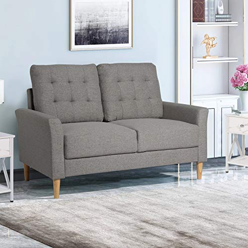 VECELO Modern Tufted Fabric Sofa with Armrest/Solid Wood Legs,Living Room Sets,Grey