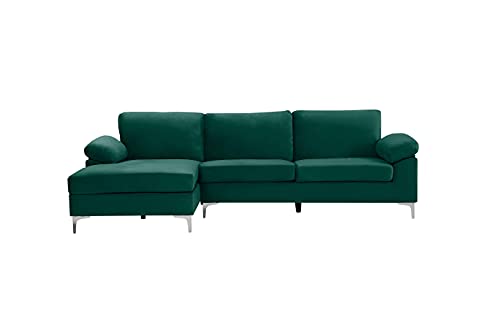 ATY L Shape Velvet Sectional Sofa, Futon Corner Couch Chaise with Metal Legs and Removable Cushions Perfect for Living Room, Left Hand Facing, Green