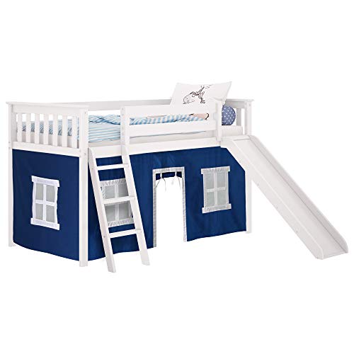 Max & Lily Twin Low Loft Bed with Slide and Blue Curtains, White
