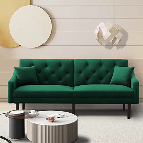3 Angles for Adjusting Sleeper Sofa,Velvet Modern Futon Sofa Couch with 2 Pillows and Wood Legs for Living Room,Bedroom,Study,Playroom,Apartment (Green)