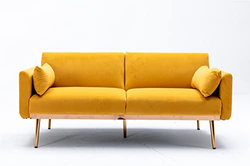 Modern Sofas Couches with 2 Pillows Velvet Sofa Bed with Armrest Adjustable Loveseat Sofabed with Metal Feet Accent Sofa Chair with Cushion Reclining Sofa Bed for Living Room Apartment (Yellow)