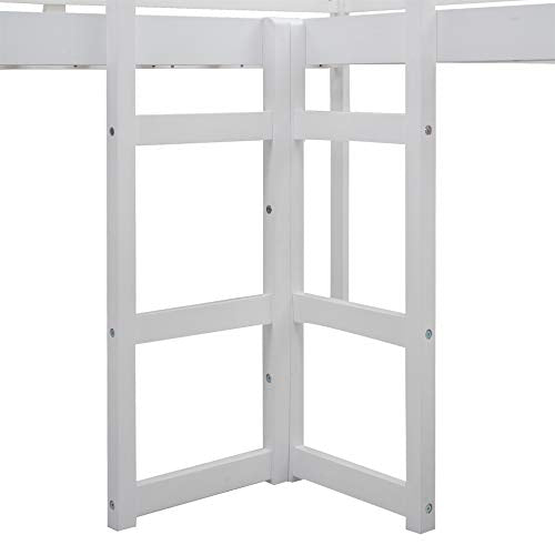 L-Shaped Loft Bed with Slide, Wooden Loft Beds for 2 Kids , Twin Size Loft Bed with Built-in Ladders, White