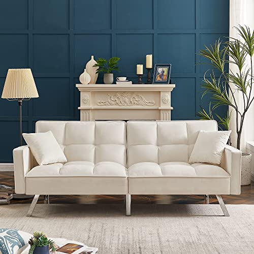 Modern Velvet Sofa Couch Bed with Armrests and 2 Pillows for Living Room and Bedroom (White)