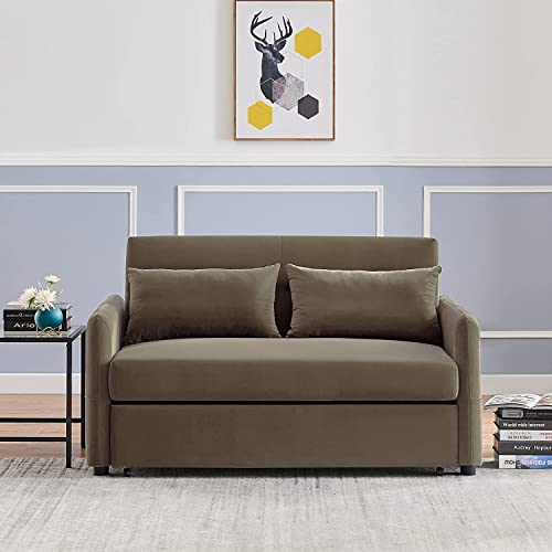 Garhelper Velvet Pull Out Sofa Sleeper,Convertible 3 in 1 Upholstered Loveseat Sleeper Sofa, Adjustable Backrest Save Space Compact Sofa Couch with 2 Lumbar Pillows and Side Pocket for Living Room