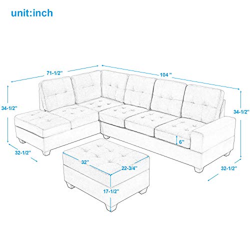 LZ LEISURE ZONE L-Shaped Sectional Sofa Set with Chaise Lounge and Storage Ottoman, Living Room Furniture Set Sofa Couch for Home (Antique Grey)
