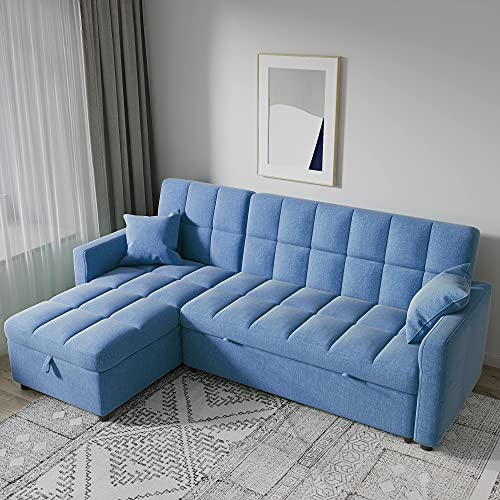 MGH Reversible Sectional Sofa Sleeper, 82'' Wide Sectional Sofa Couch, Pull-Out Sofa Bed L-Shape Sectional Storage Chaise for Living Room Apartment (Blue) (LV7047)
