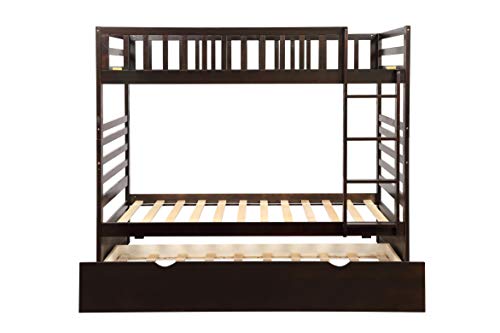 Merax Twin Over Twin Bed Bunk Bed with Safety Rail, Ladder, Trundle Solid Wood Bunk Beds for Kids, Teens Bedroom Bunk Bed (Espresso)