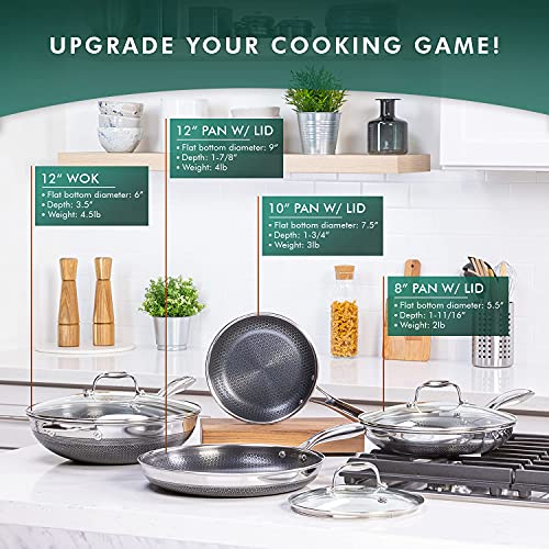 HexClad 7-Piece Hybrid Stainless Steel Cookware Set with Lids and Wok - Metal Utensil and Dishwasher Safe, Induction Ready, PFOA-Free, Easy to Clean Non Stick Fry Pan with Covers
