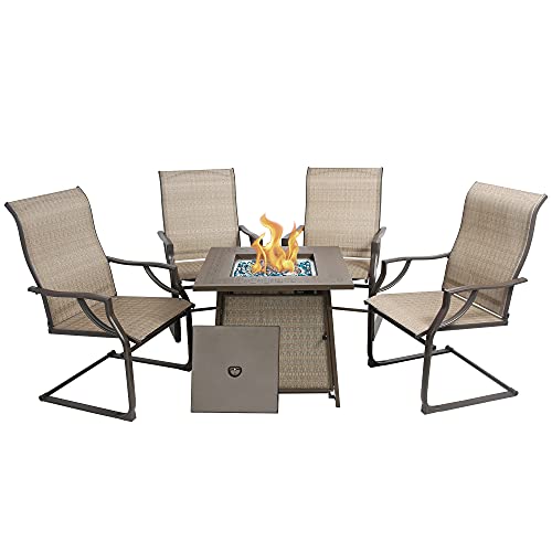 BALI OUTDOORS Propane Fire Pit Table Set, 28 inch 50,000 BTU Gas Fire Pit Table with 4 Textilene Spring Chairs, Patio Furniture Conversation Dining Set
