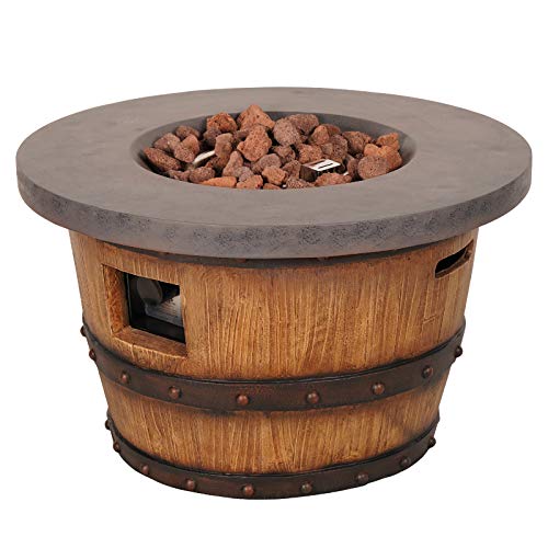 AMKV Outdoor Propane Fire Pit,50,000 BTU Round Wood Wine Barrel Fire Pit Table with Lava Rock and Stainless Steel Burner, Propane Fire Pit Table for Garden,Backyard,Deck,Camping.