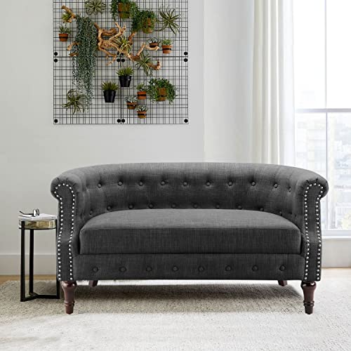 Rosevera Edmeston Upholstered Linen Tufted Button Back with Nailhead with Armreat Loveseat Settee for Living Room Bedroom, Metal Gun