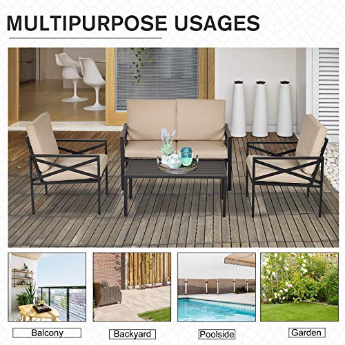 Outsunny 4-Piece Patio Furniture Set Garden Conversation Set with Soft Washable Cushions & Strong Steel Frame, Beige