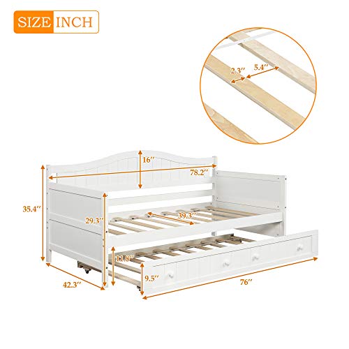 Twin Daybed with Trundle Bed, Wood Sofa Bed for Bedroom Living Room, No Box Spring Needed (Twin Daybed with Trundle, White)