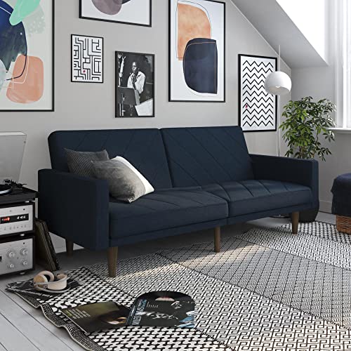 DHP Paxson Convertible Futon Couch Bed with Linen Upholstery and Wood Legs - Navy Blue